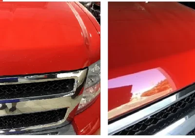Before and after repair of rock chips and paint damage on a Victory Red Chevy Silverado hood using the Dr. ColorChip paint chip repair system.