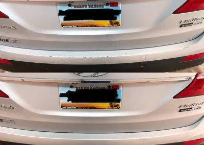 Before and after repair of scratches, scuffs, and paint damage on a Hyundai Santa Fe rear bumper using the Dr. ColorChip paint repair system.