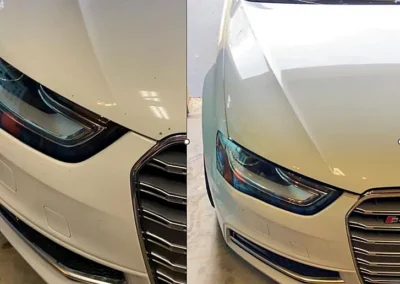 Before and after repair of paint chips on a white Audi S4 front bumper and hood using the Dr. ColorChip paint chip repair system.