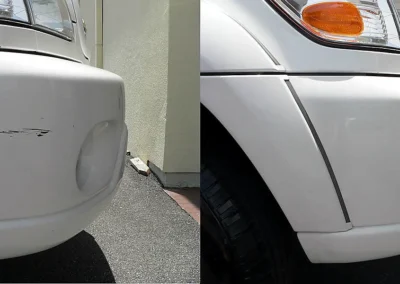 Before and after repair of a white front bumper scuff and paint damage using the Dr. ColorChip paint chip repair system.