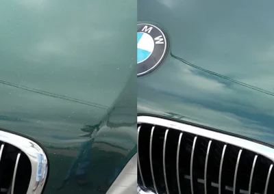 Before and after repair of paint chips on a green BMW hood using the Dr. ColorChip paint chip repair system.