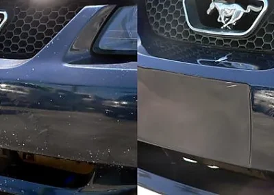 Before and after repair of paint chips and road rash on a blue Ford Mustang front bumper using the Dr. ColorChip paint chip repair system.