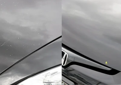 Before and after repair of paint chips, road rash, and surface scratches on a black vehicle hood using the Dr. ColorChip paint chip repair system.