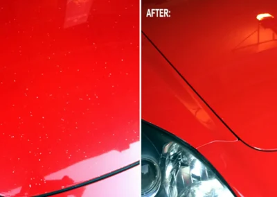 Before and after repair of hundreds of paint chips on a red vehicle hood using the Dr. ColorChip paint chip repair system.