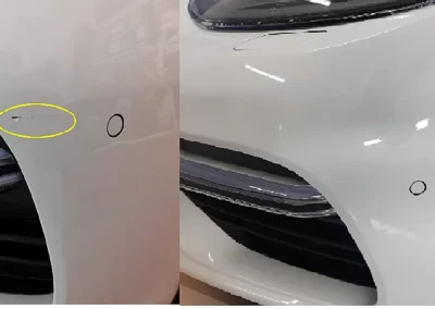 Before and after repair of a scratch and paint damage on a white Porsche front bumper using the Dr. ColorChip paint chip repair system.