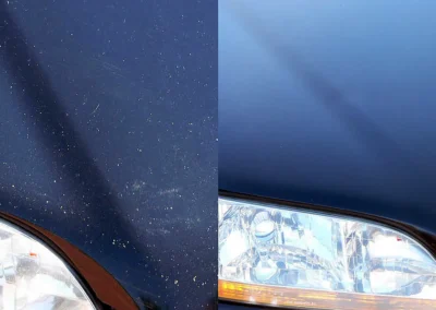 Before and after repair of severe road rash and paint chip damage on a dark blue vehicle hood using the Dr. ColorChip paint chip repair system.