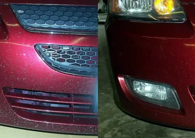 Before and after repair of severe road rash and stone chip damage on a burgundy front bumper using the Dr. ColorChip paint chip repair system.