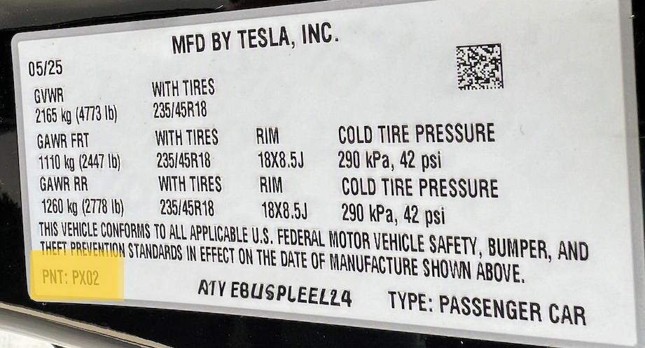 Tesla factory paint code label showing the paint code location.