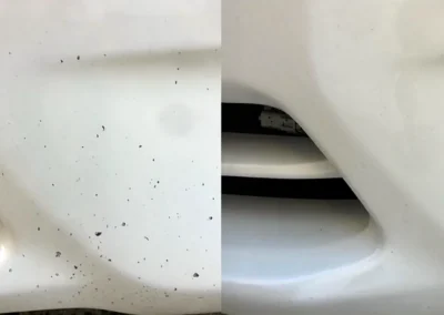 Before and after repair of severe stone chips and road rash on a white front bumper using the Dr. ColorChip paint chip repair system.