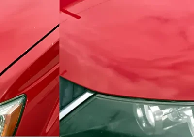 Before and after repair of stone chips on a red vehicle hood using the Dr. ColorChip paint chip repair system.