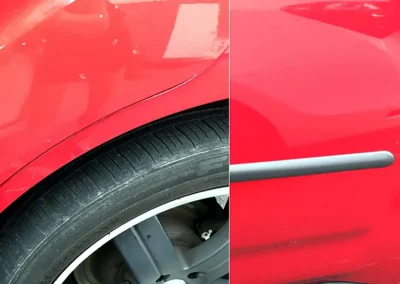 Before and after repair of stone chips and road rash on a red vehicle fender using the Dr. ColorChip paint chip repair system
