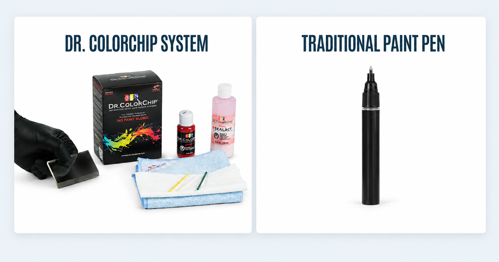 Dr. ColorChip paint chip repair system compared with a traditional automotive paint pen